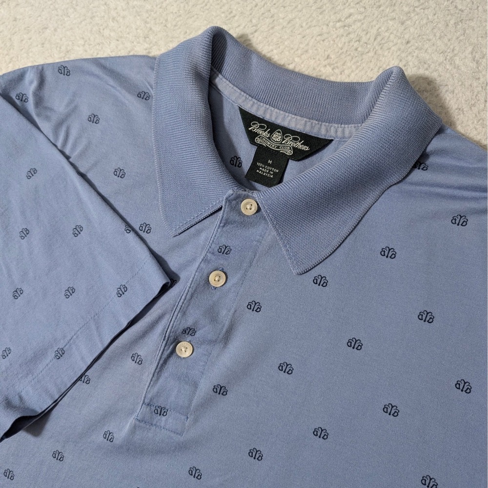 Brooks Brothers Polo Shirt Mens Med Blue ALL Over Logo Cotton Short Sleeve